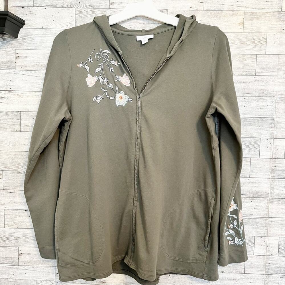 J.JILL Olive Floral Embroidered Zip Hoodie S | Cottagecore Lounge Layer - Picture 3 of 9